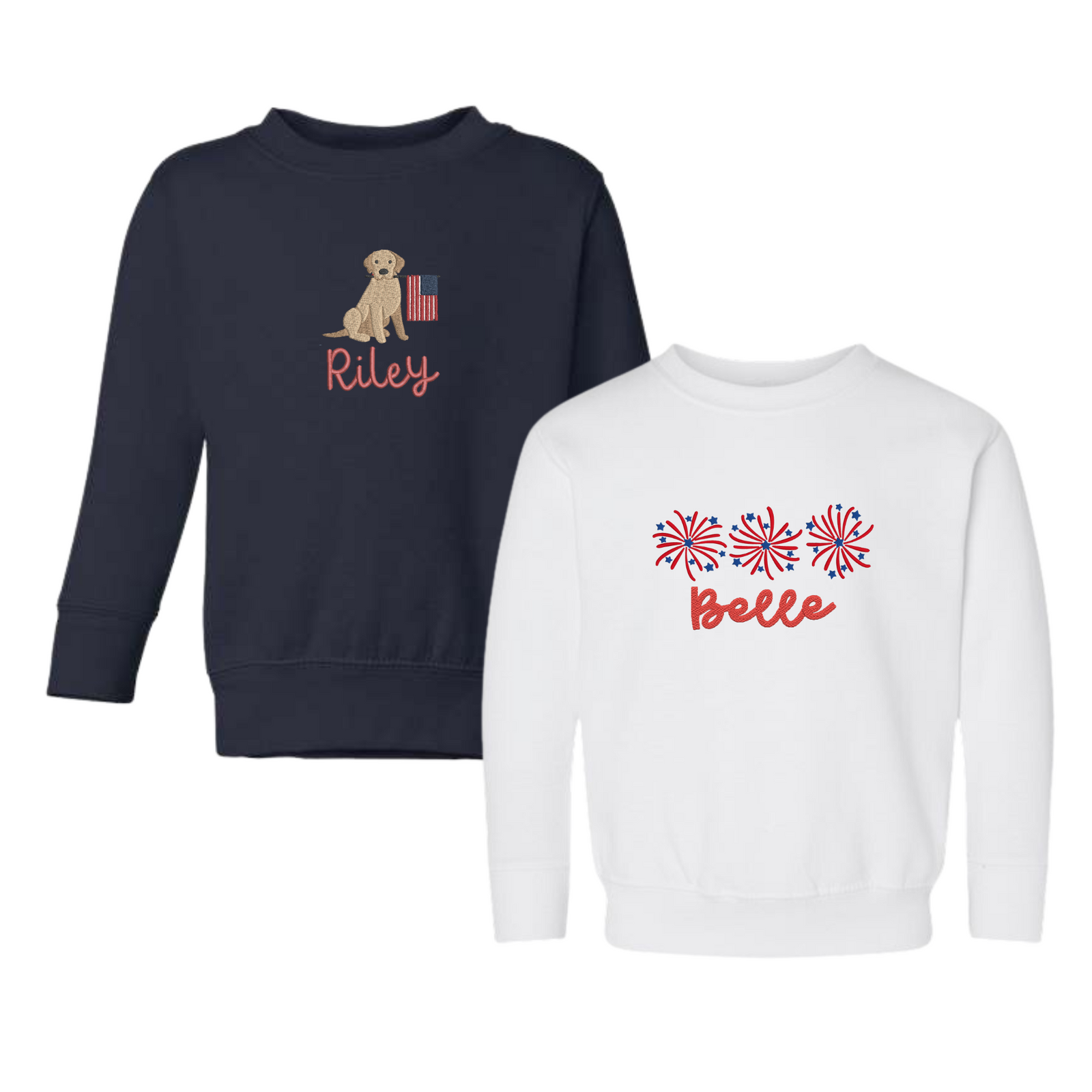 Two cozy Crewneck Sweatshirts featuring bold Full Chest Patriotic Motifs. The navy sweatshirt showcases an adorable embroidered puppy holding an American flag with the name “Riley” below in red script. The white sweatshirt highlights three colorful firework bursts embroidered across the chest above the name “Belle” in bright red lettering. These sweatshirts are perfect for little ones to celebrate Independence Day in comfort and style.