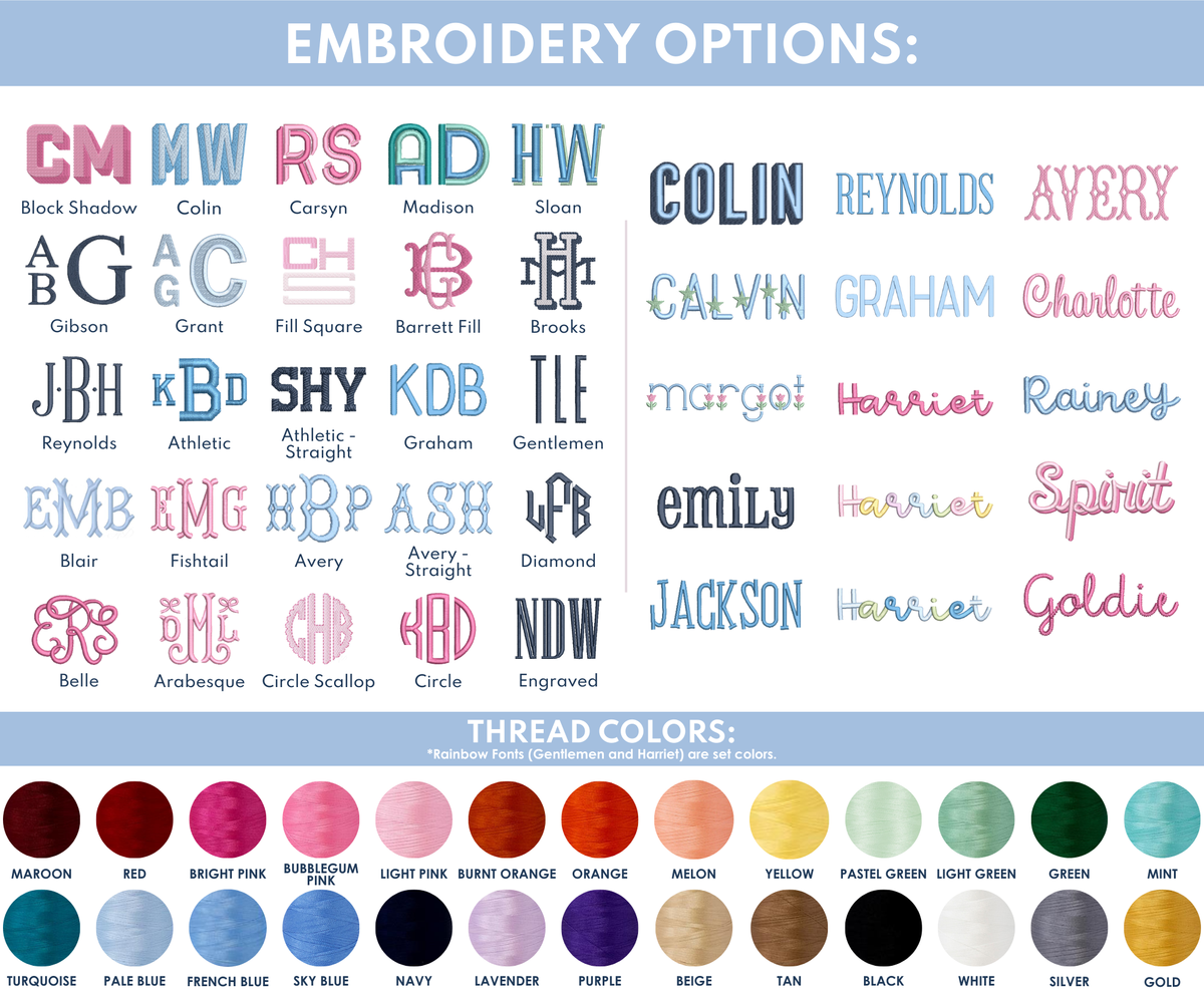 Embroidery options chart for Rainey Laine featuring a variety of monogram styles, name fonts, and thread colors. Includes block, script, shadow, and floral-inspired fonts with thread color choices ranging from maroon and navy to pastel green and