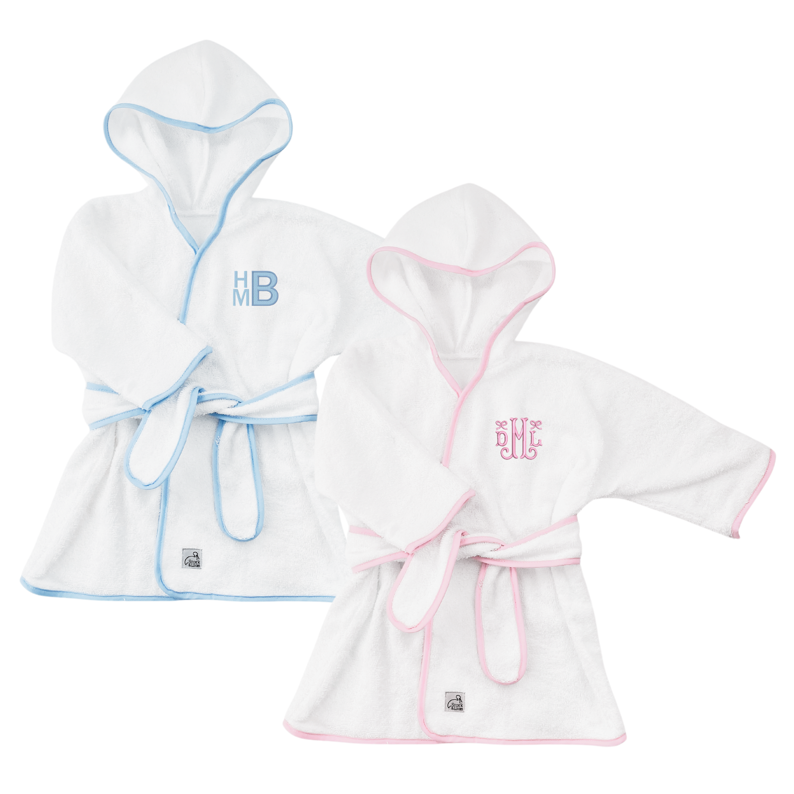 Two soft, hooded baby robes with contrast piping and belt closure